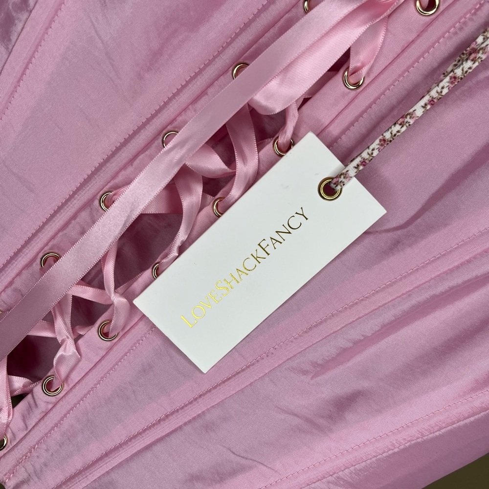 LoveShackFancy Pink Lace-Up Satin Corset Top - Picture 2 of 7